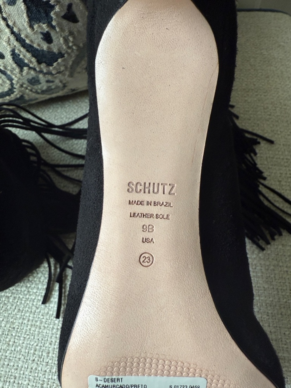 SCHUTZ Black Suede Pointed-Toe Fringe Ankle Booties - Picture 7 of 8